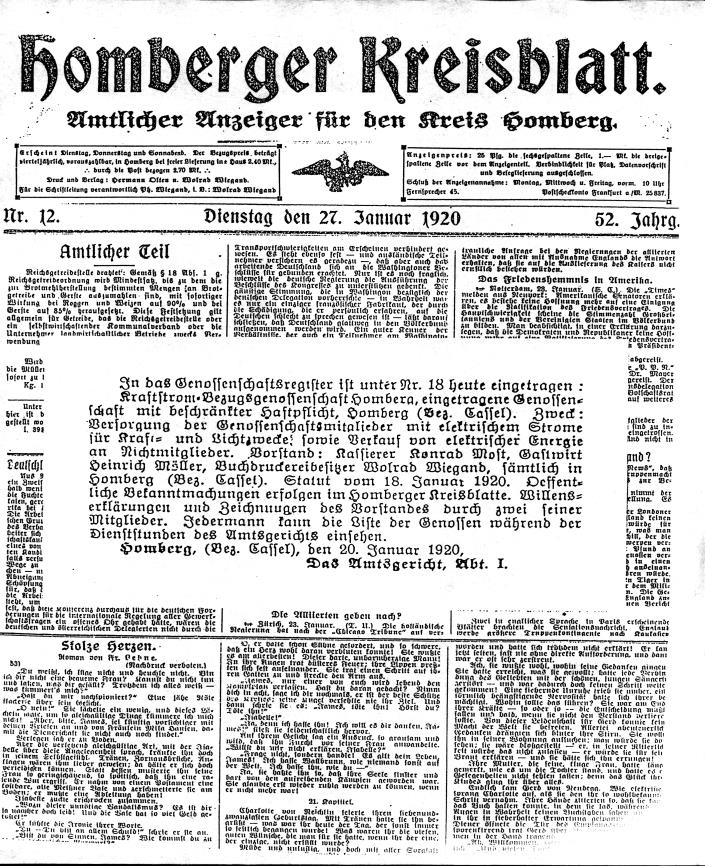 Zeitungungsartikel Homberger Kreisblatt von 1920